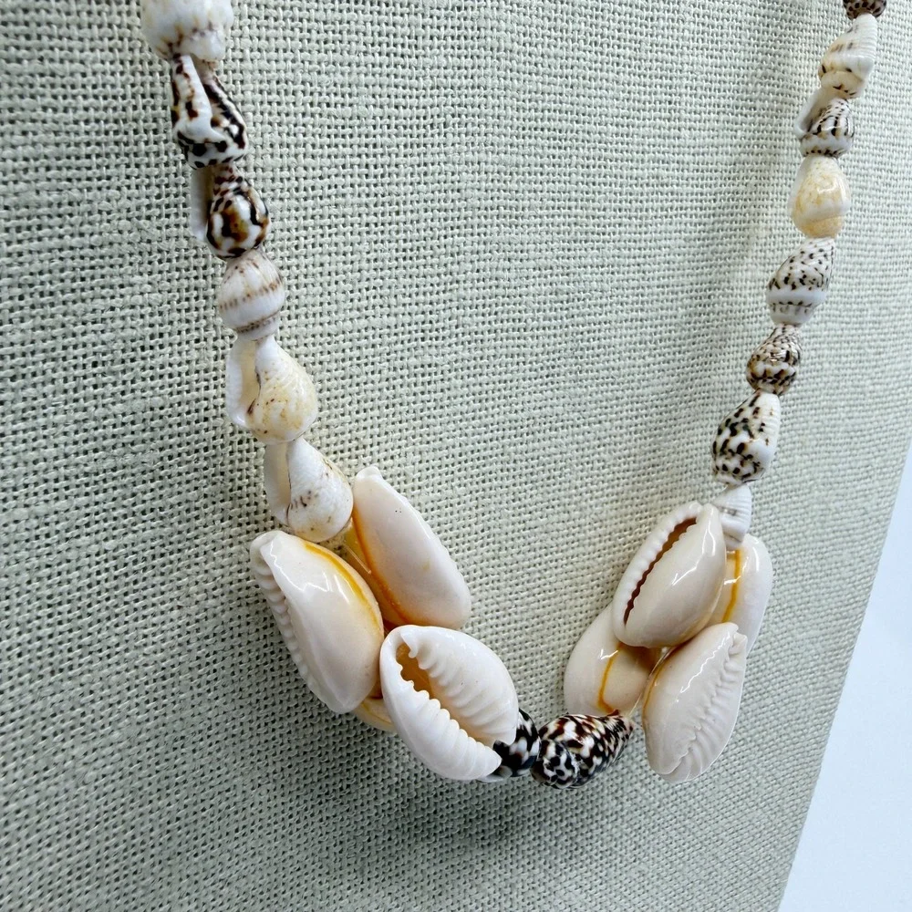 Cream Brown Cowrie Seashell Long Necklace Coastal Boho Beach Statement Gift